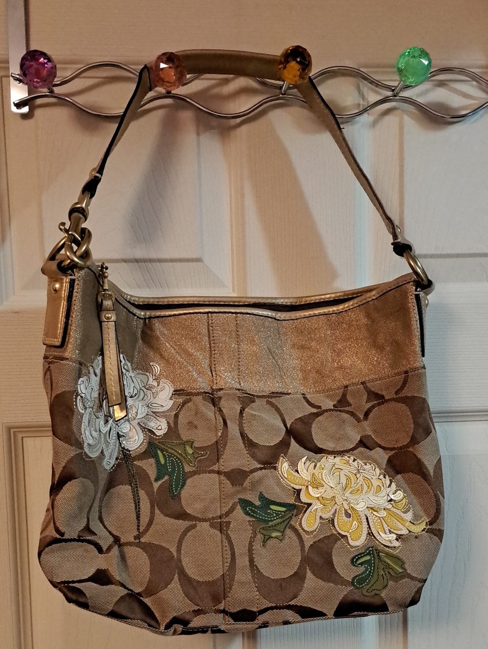 Coach Khaki Floral Applique Shoulder Bag with Metallic Accents